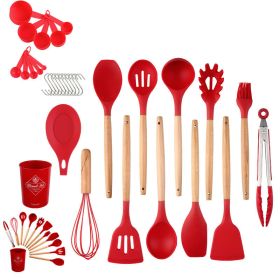 33pcs Set Wooden Handle Silicone Kitchen Utensils 33 Pieces Set Silicone Spoon Shovel Kitchen Gadgets Set Silicone Kitchen Utensils (Color: Red)
