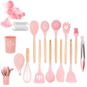 33pcs Set Wooden Handle Silicone Kitchen Utensils 33 Pieces Set Silicone Spoon Shovel Kitchen Gadgets Set Silicone Kitchen Utensils (Color: Pink)