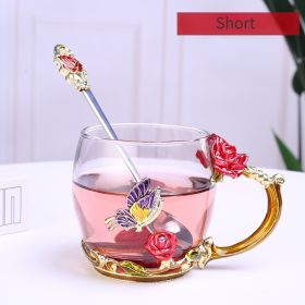 1pc Rose Enamel Crystal Tea Cup; Coffee Mug; Tumbler Butterfly Rose Painted Flower Water Cups; Clear Glass With Spoon Set (Color: Red, size: Short)