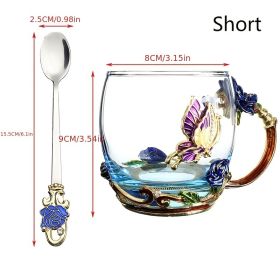 1pc Rose Enamel Crystal Tea Cup; Coffee Mug; Tumbler Butterfly Rose Painted Flower Water Cups; Clear Glass With Spoon Set (Color: Blue, size: Short)