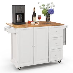 Kitchen Island Trolley Cart Wood with Drop-Leaf Tabletop and Storage Cabinet (Color: White)